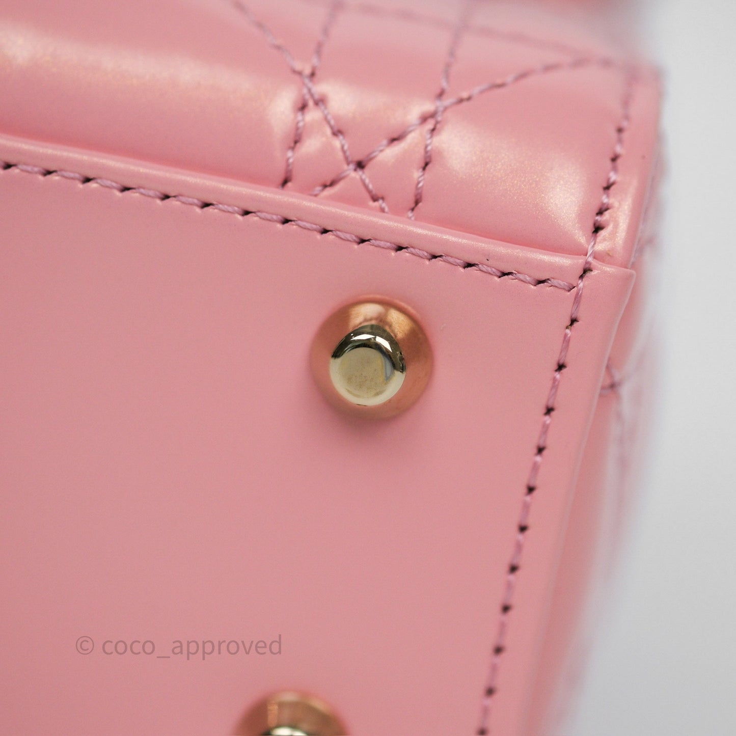 Dior Mini Lady Dior Pink Pearlescent Patent Cannage Gold Hardware