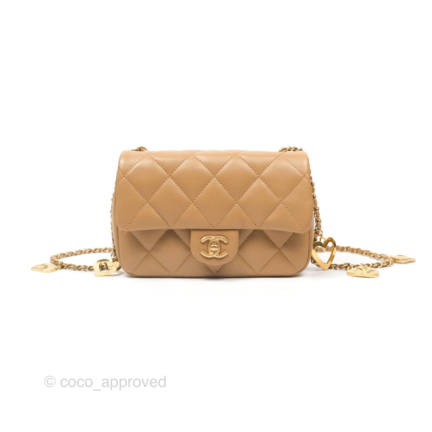 Chanel Mini Flap Bag With Heart CC Charm Beige Lambskin Aged Gold Hardware 22B