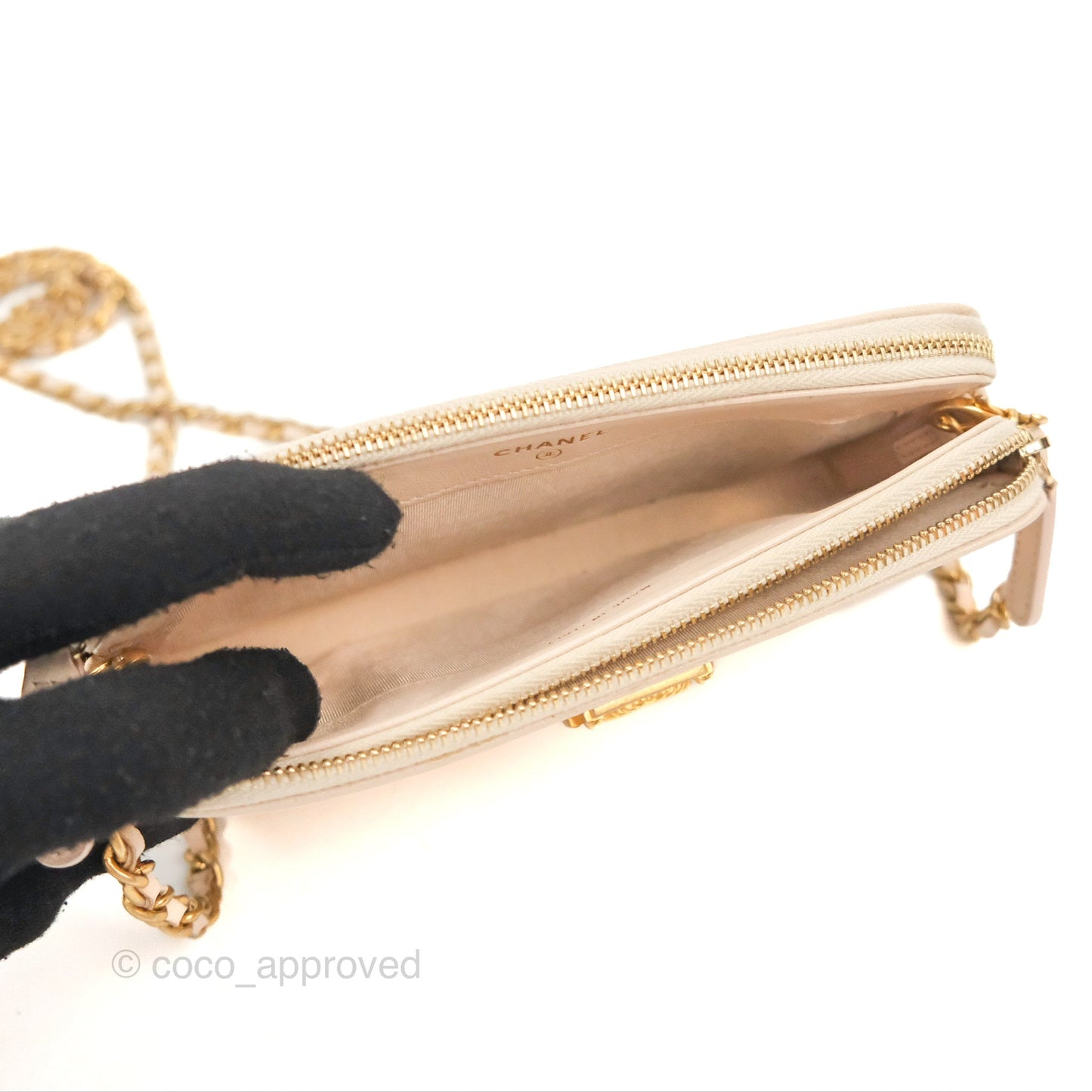Chanel Boy Double Zip Clutch On Chain Chevron Pale Beige Aged Gold Hardware