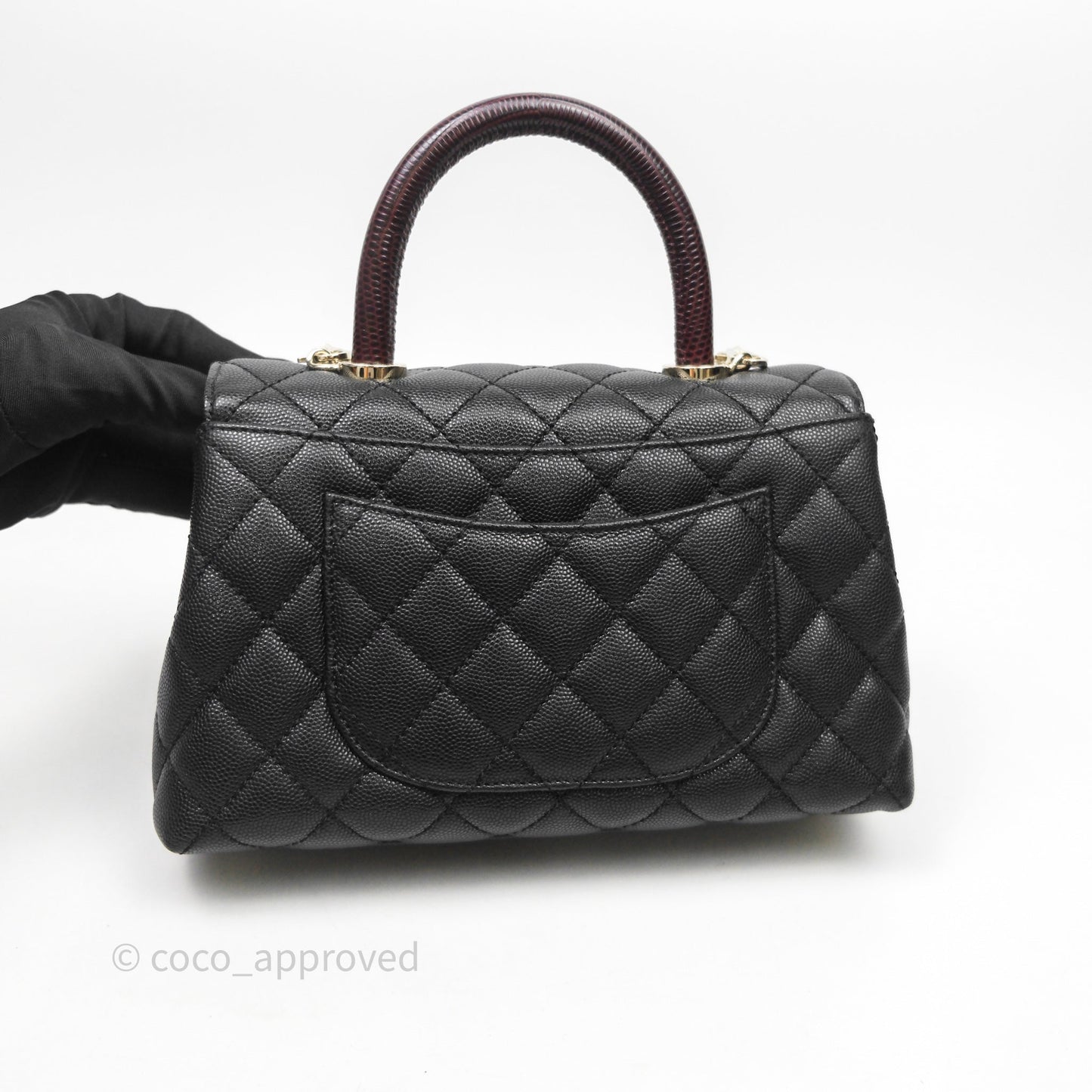 Chanel Mini Coco Handle Quilted Black Caviar Light Gold Hardware Lizard Embossed Handle