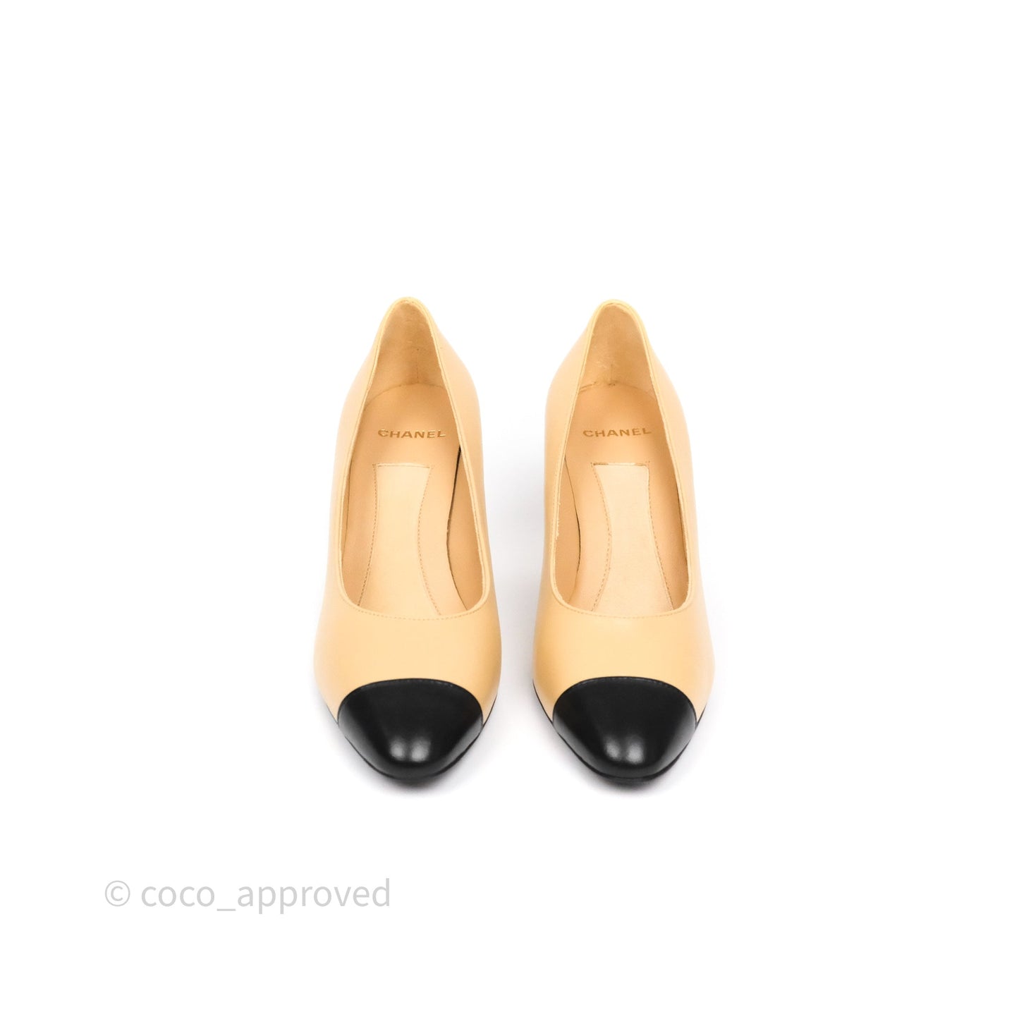 Chanel Beige Toe Pointed Black Pump Heels With Pearl Size 36.5C