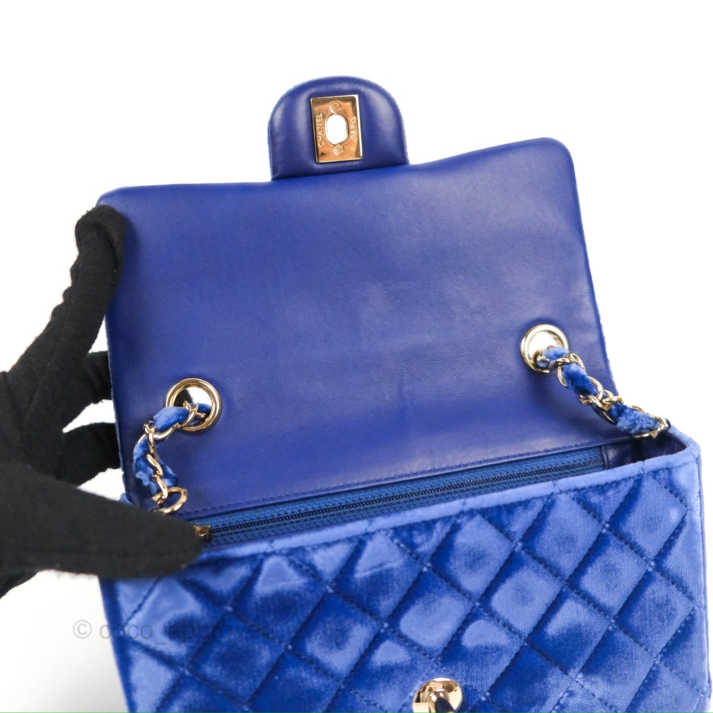 Chanel Quilted Mini Rectangular Flap Blue Velvet Gold Hardware