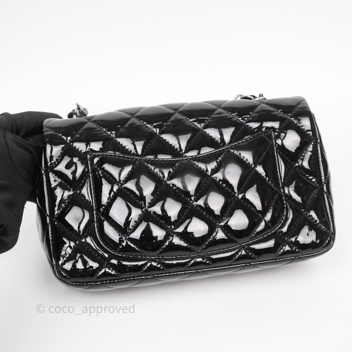 Chanel Quilted Mini Rectangular Flap Black Patent Silver Hardware