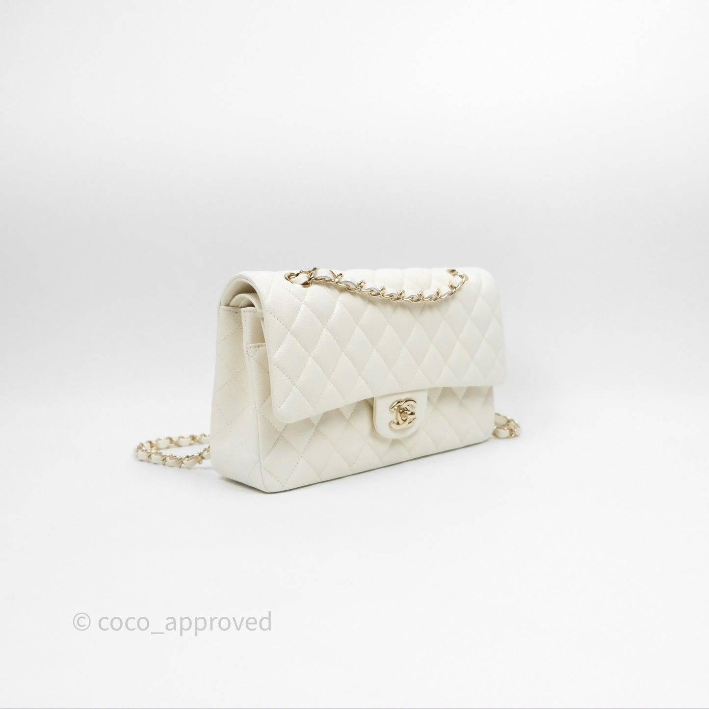Chanel Classic M/L Medium Flap Quilted Ivory White Caviar Gold Hardware