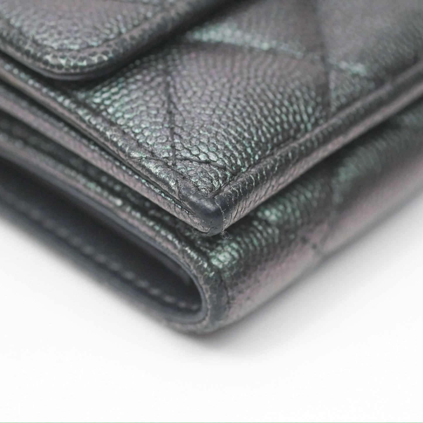 Chanel Quilted White CC Short Wallet Iridescent Green Purple Gold Hardware