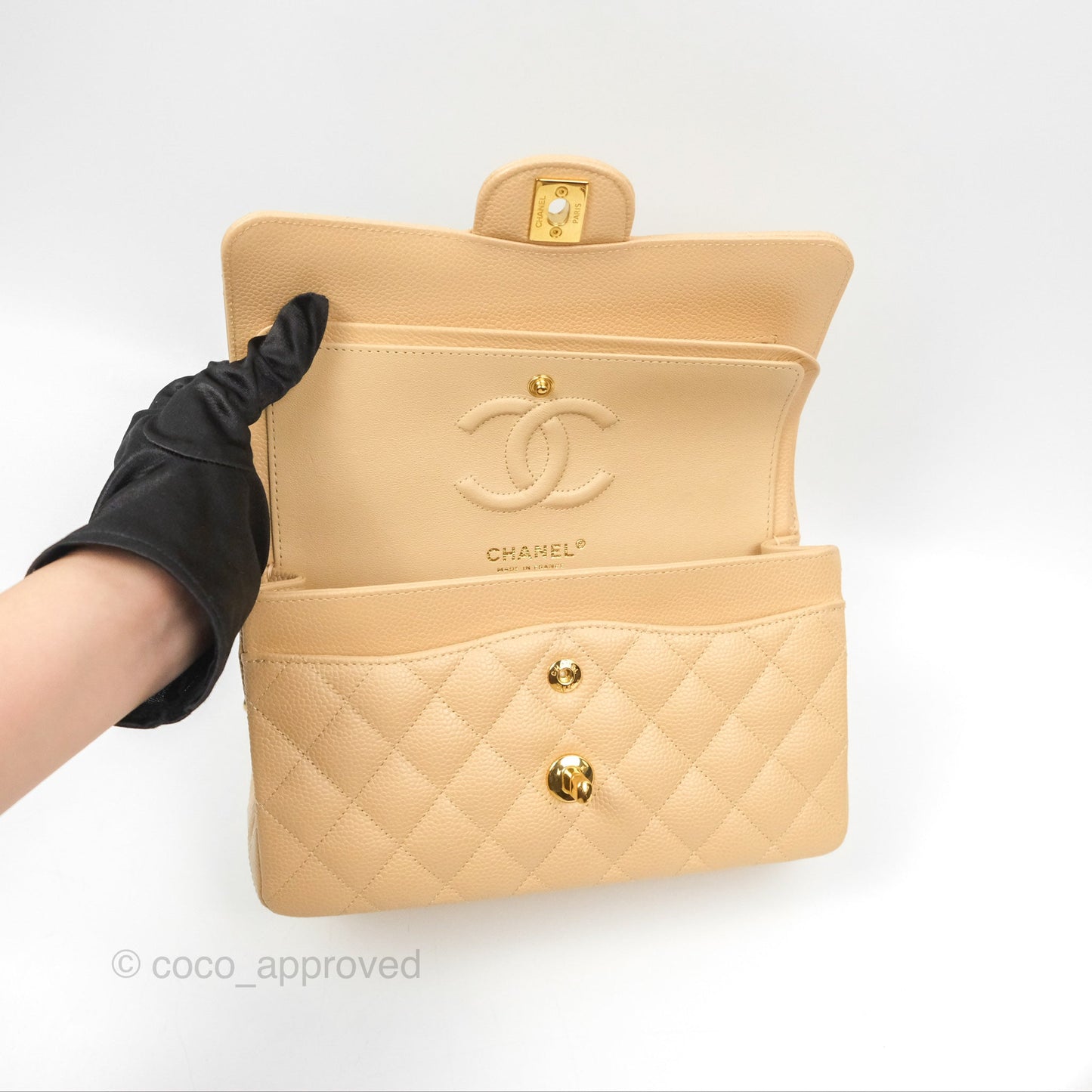 Chanel Small Quilted Classic Flap Beige Caviar Gold Hardware
