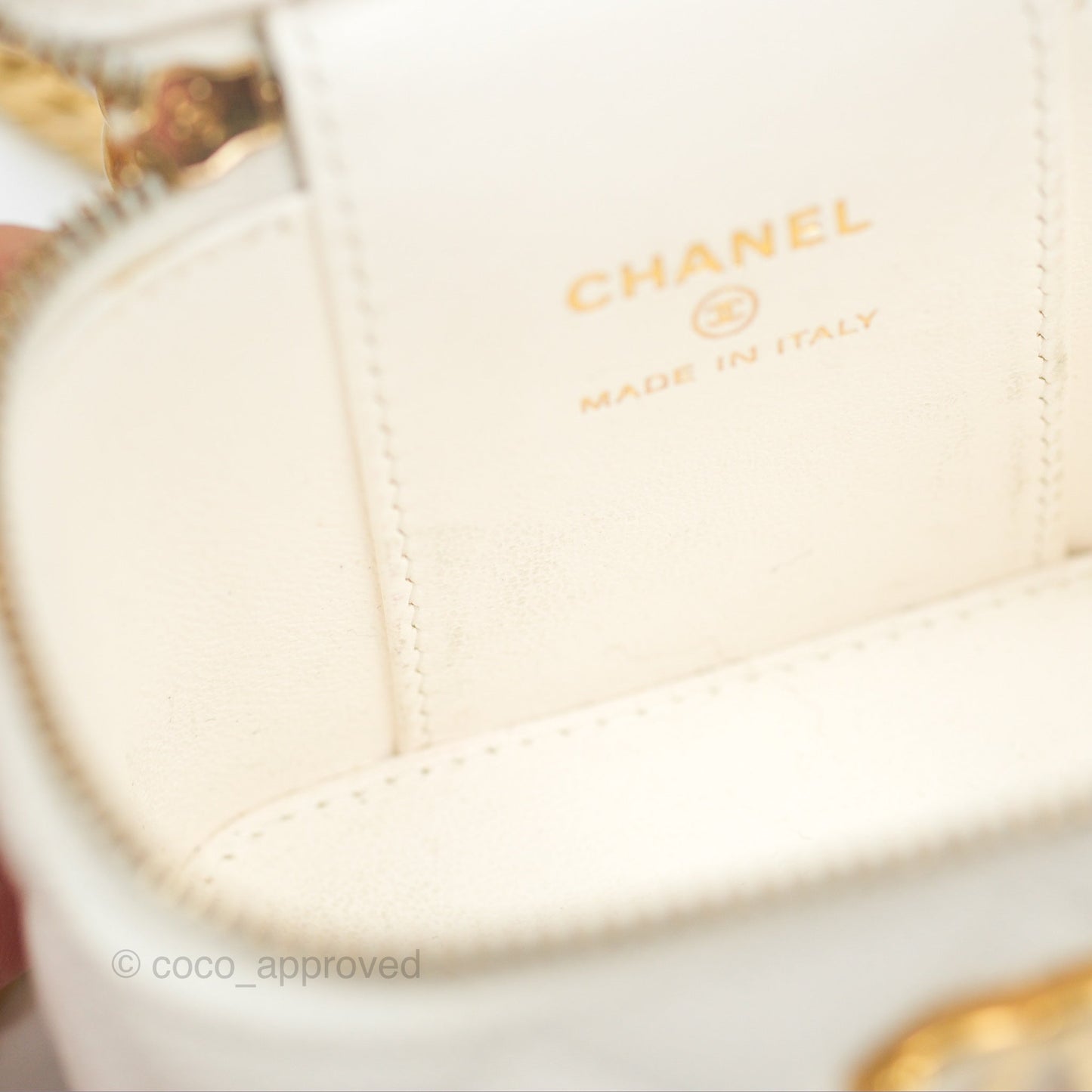 Chanel Quilted Heart Crush Mini Vanity With Chain White Caviar Aged Gold Hardware