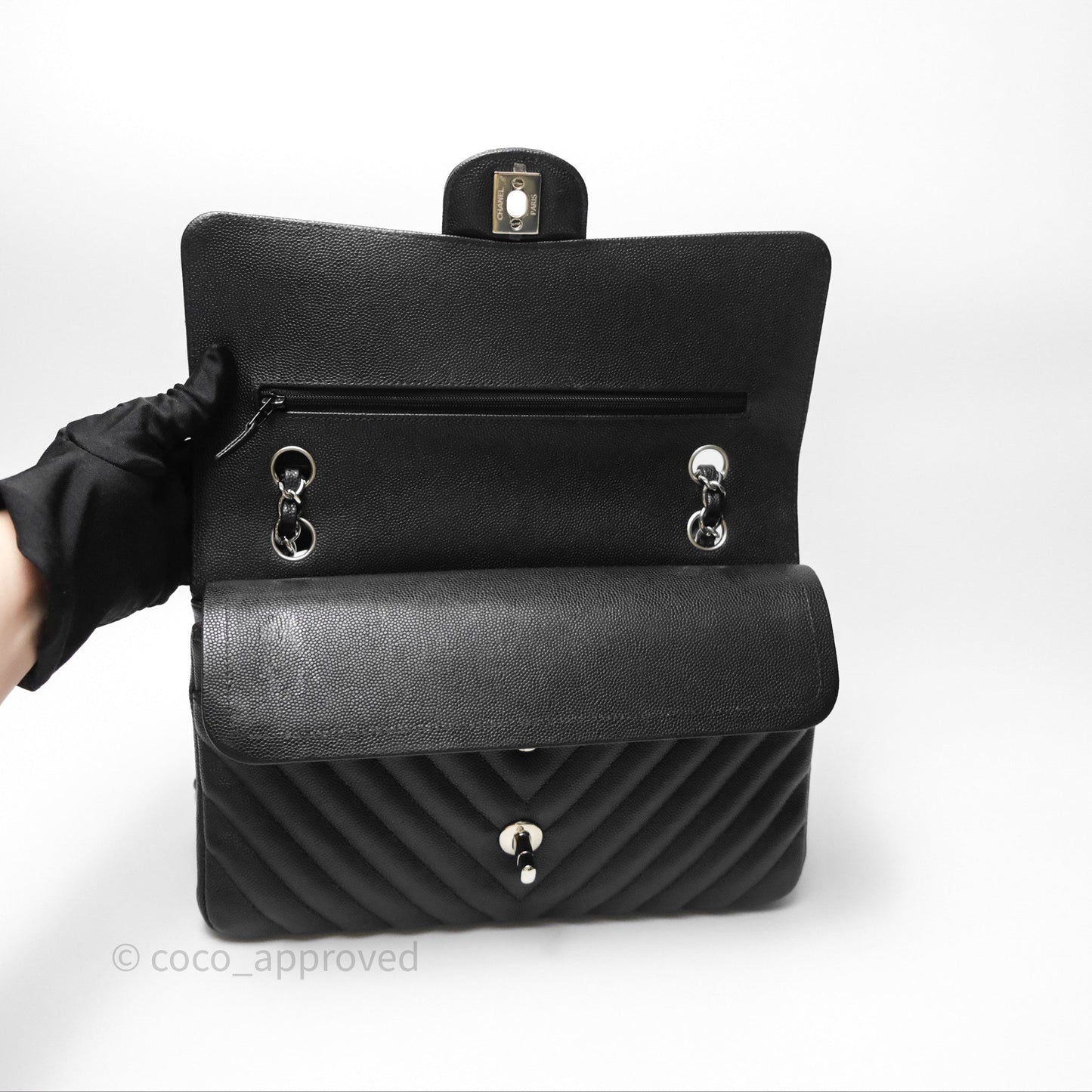 Chanel Classic M/L Medium Flap Chevron Black Caviar Silver Hardware