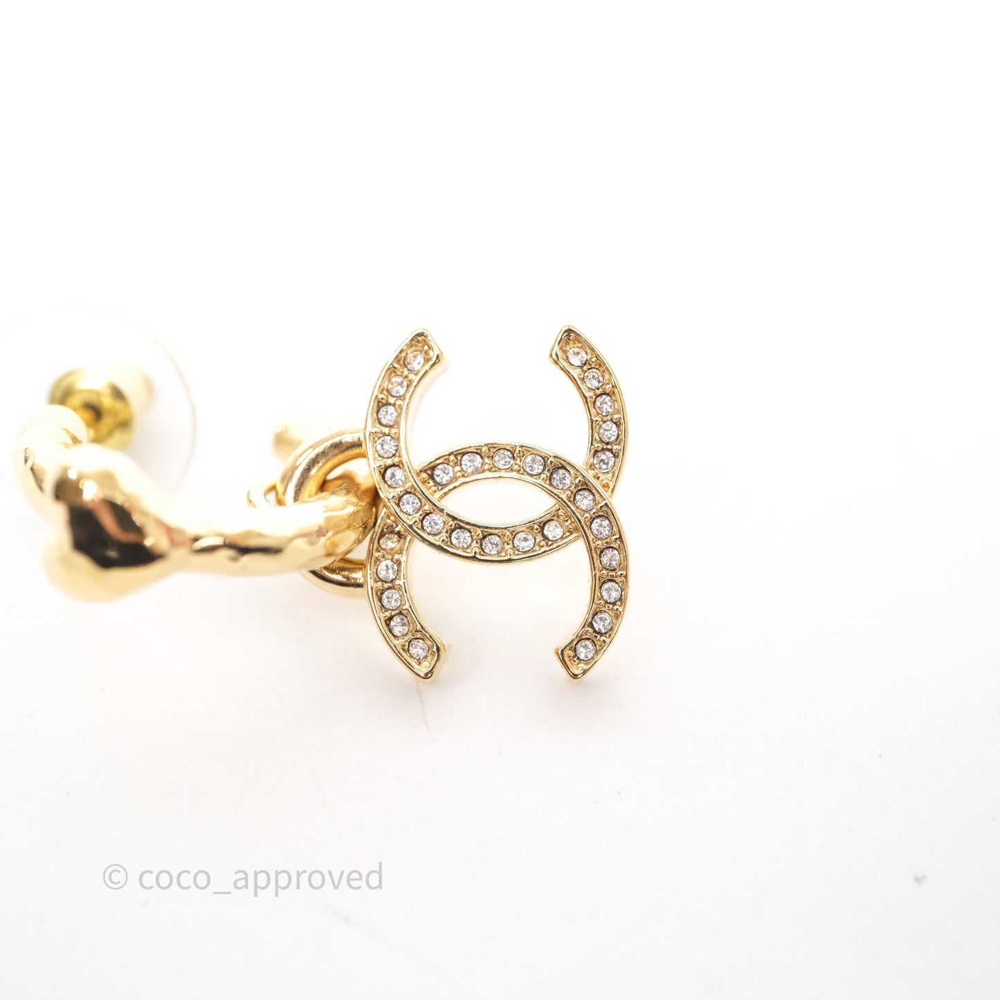 Chanel Heart Crystal CC Drop Hoop Earrings Gold Tone 23P