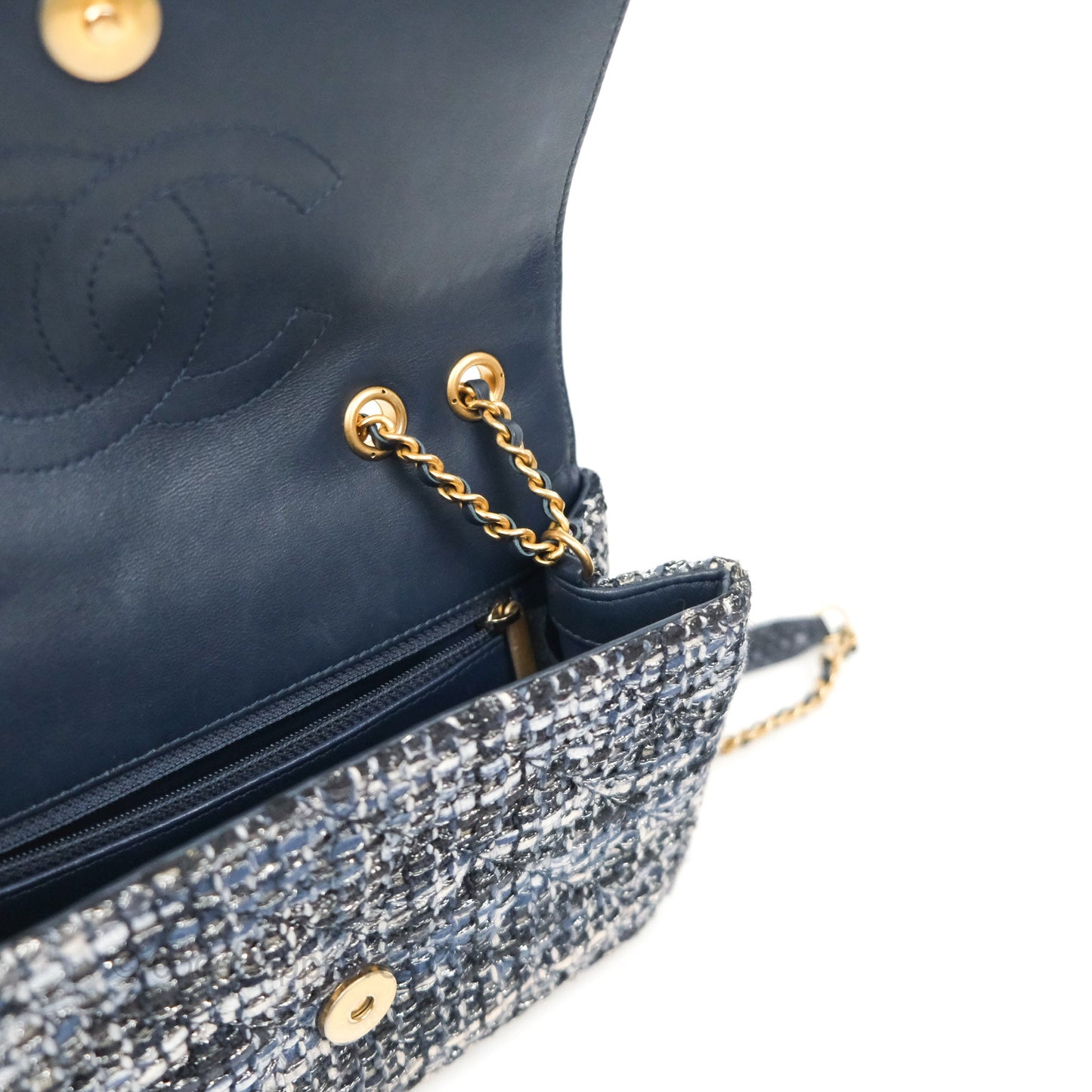 Chanel Quilted Small CC Filigree Flap Navy Tweed Python 18S