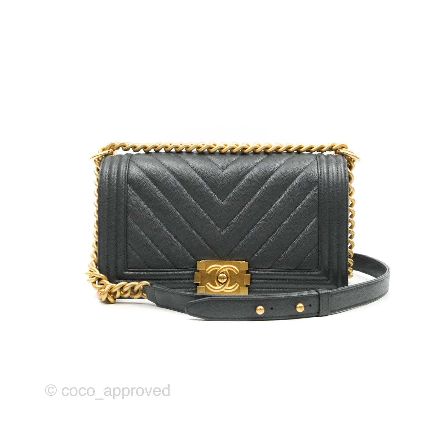 Chanel Chevron Medium Boy Dark Grey Caviar Aged Gold Hardware