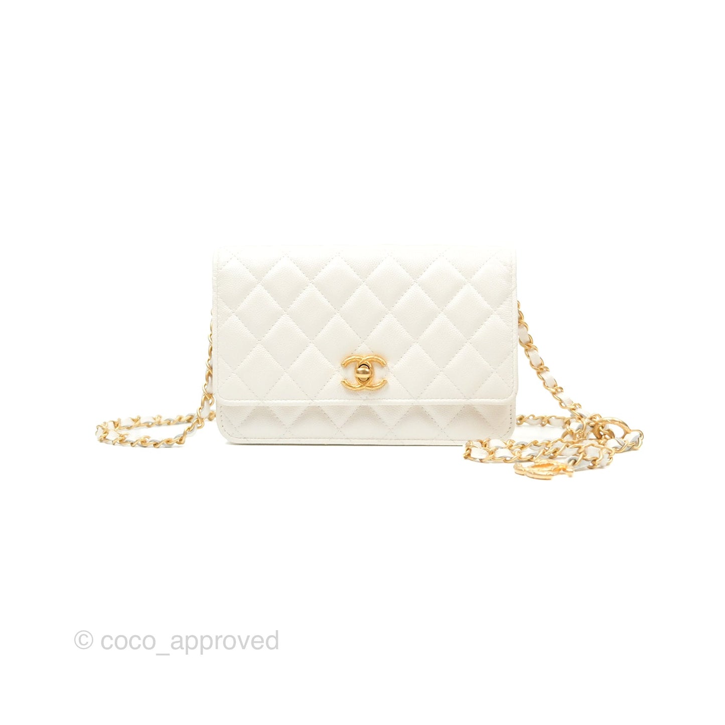 Chanel Wallet On Chain WOC Adjustable CC Chain Iridescent White Caviar Aged Gold Hardware