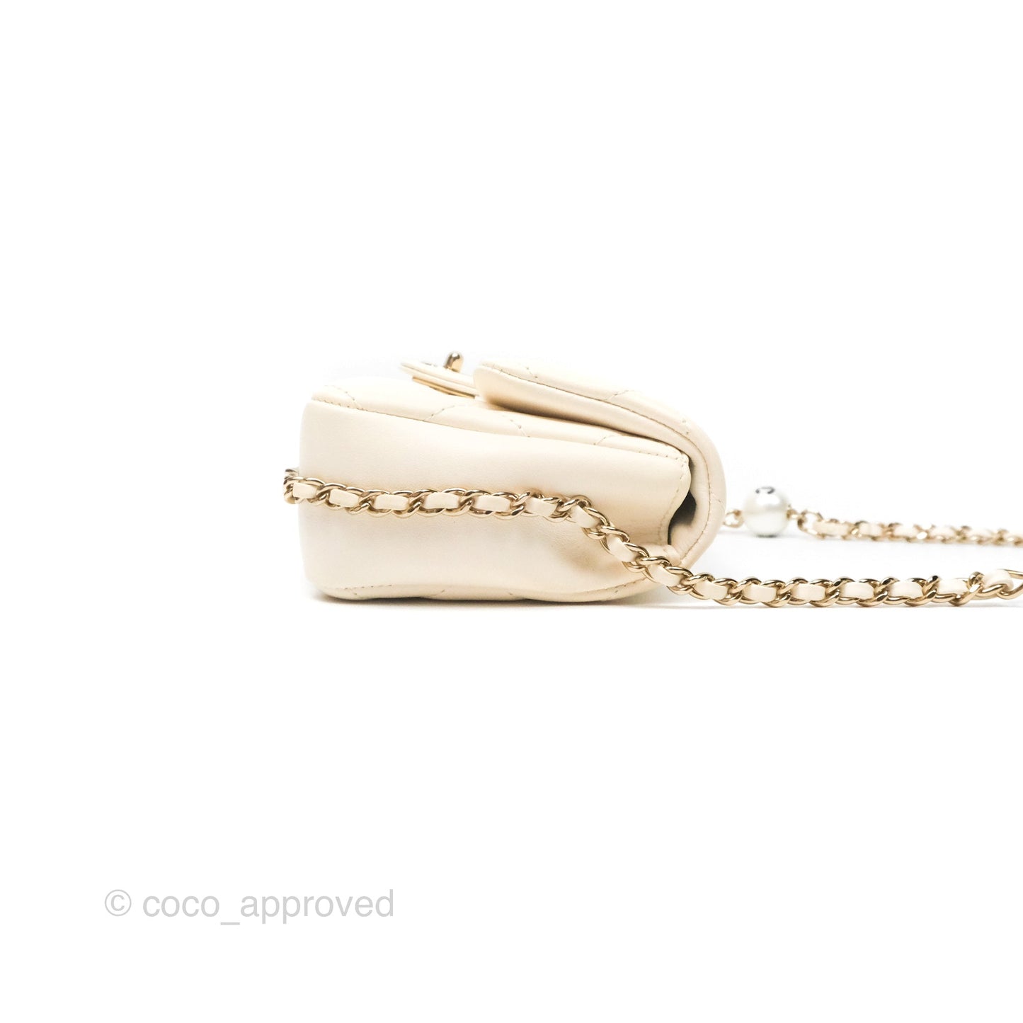 Chanel Small Logo Pearl Chain Flap Bag White Lambskin Gold Hardware
