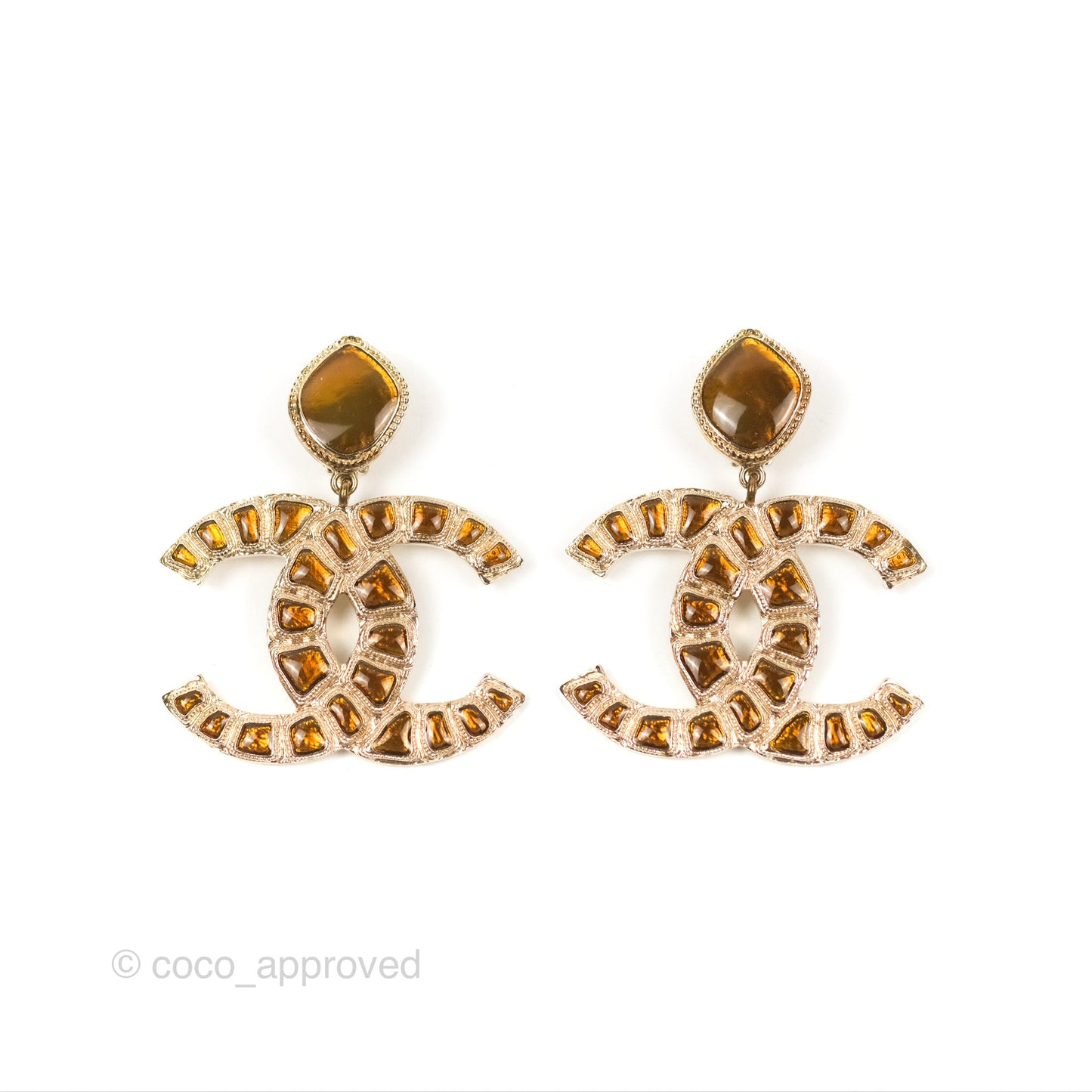 Chanel CC Brown Gripoix Rectangle Drop Ear clip Gold Tone 12A
