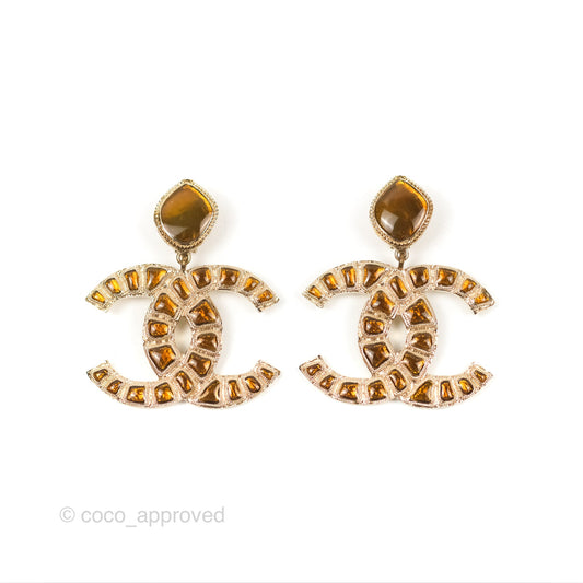 Chanel CC Brown Gripoix Rectangle Drop Ear clip Gold Tone 12A