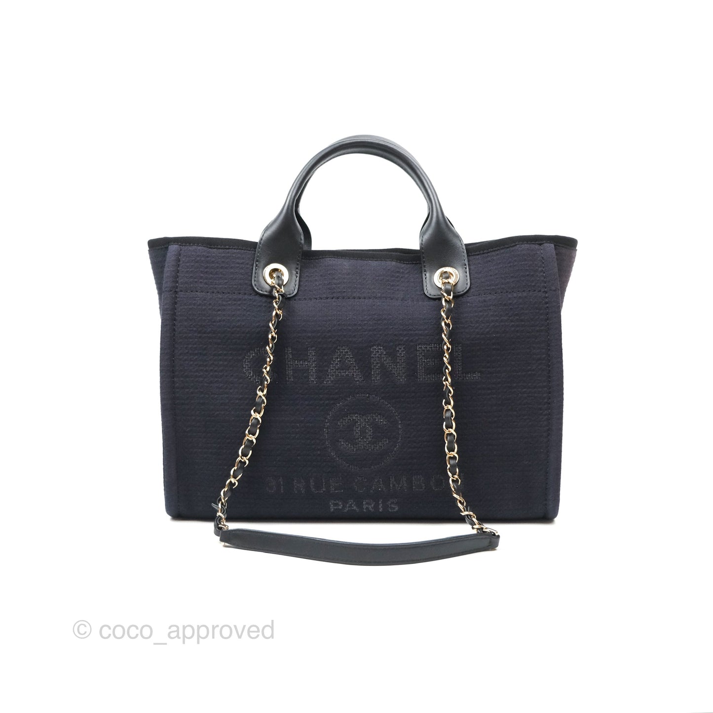 Chanel New Small Deauville Tote Dark Navy Cotton Raffia Logo