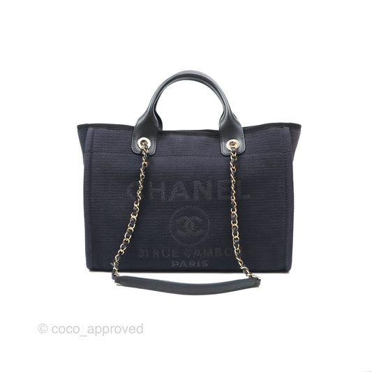 Chanel New Small Deauville Tote Dark Navy Cotton Raffia Logo
