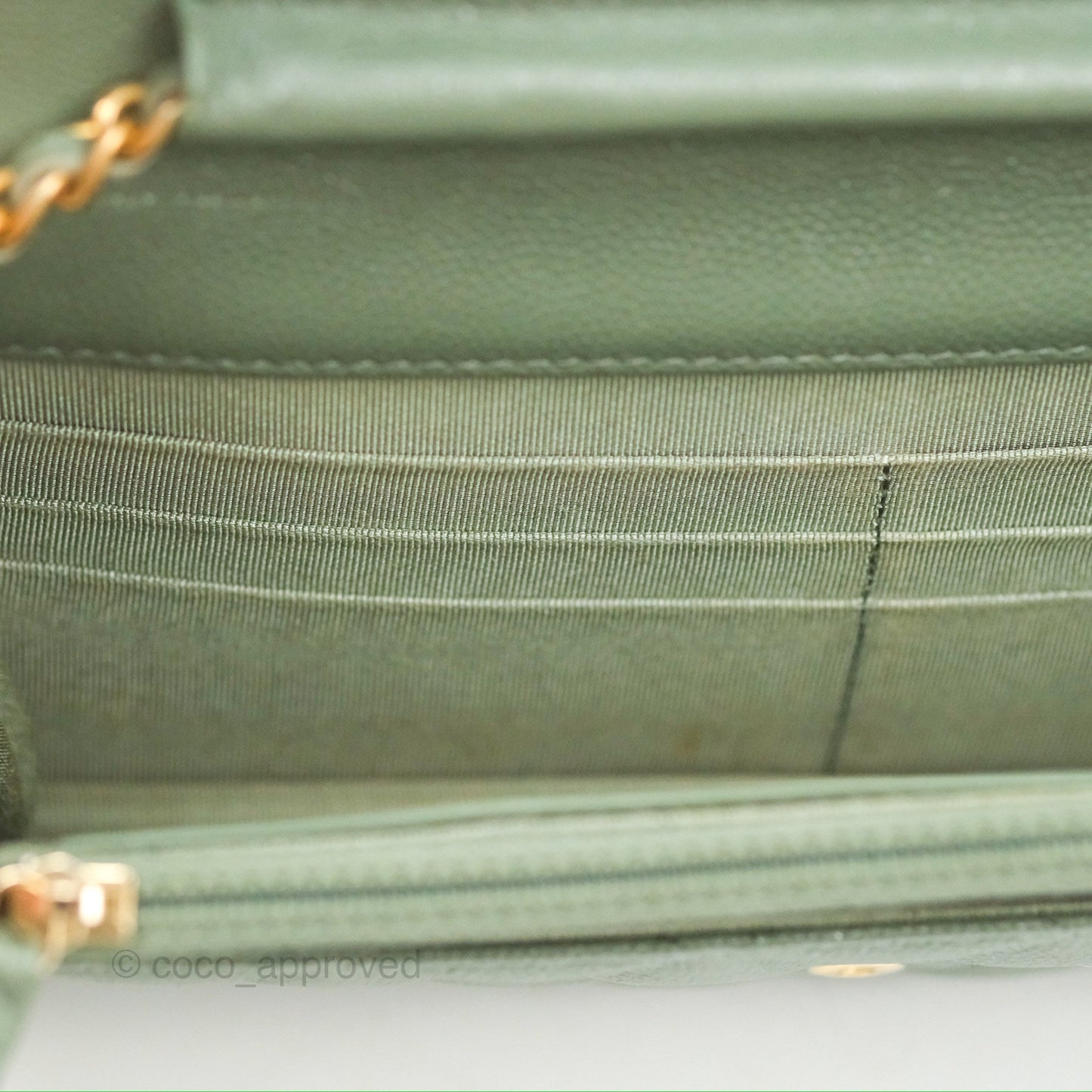 Chanel Classic Quilted Wallet On Chain WOC Glitter Dark Tiffany Green Caviar Aged Gold Hardware