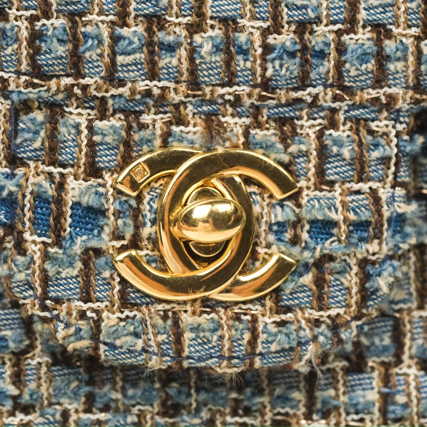 Chanel East West Chocolate Bar Flap Bag Grey Blue Tweed 24K Gold Hardware