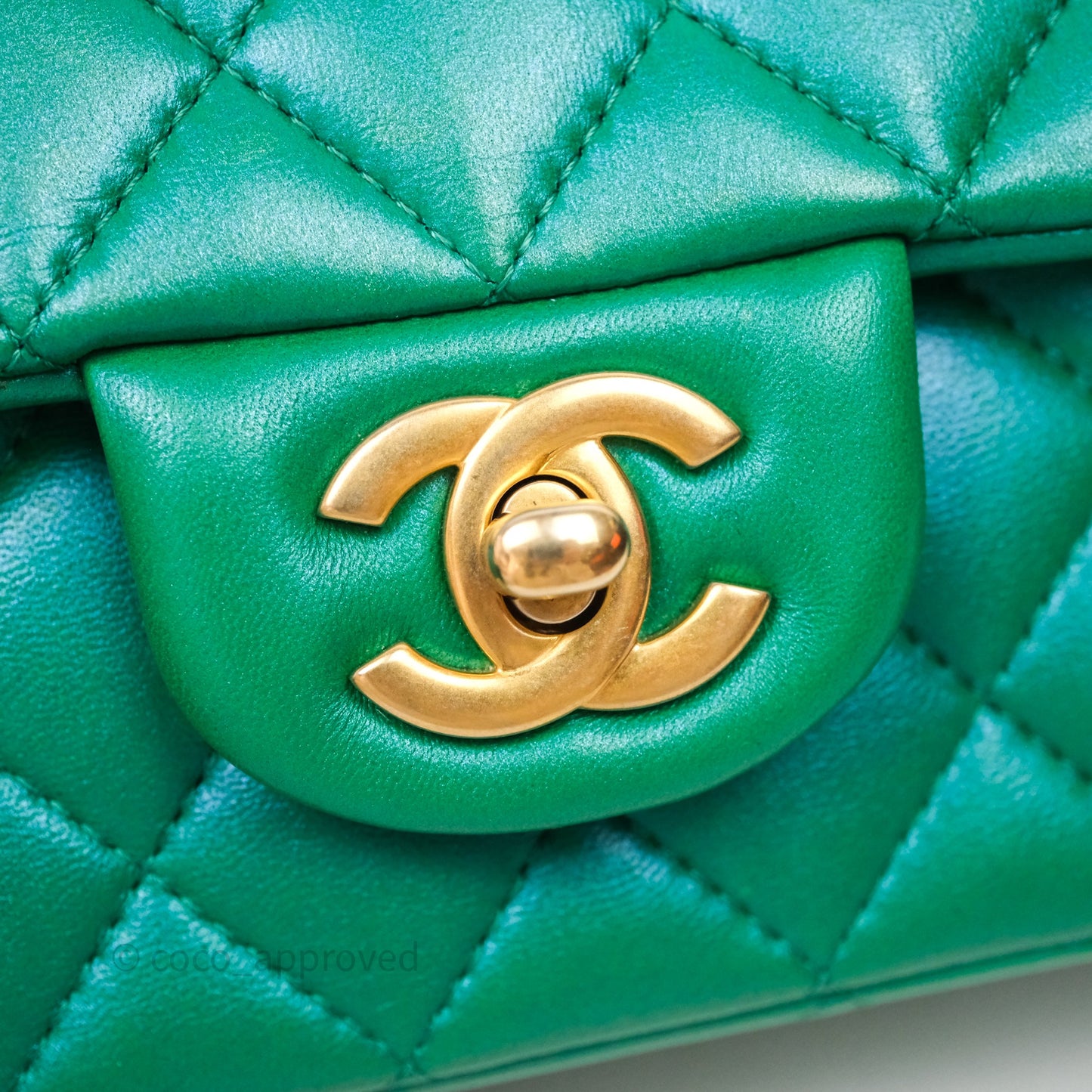 Chanel Top Handle Mini Rectangular Flap Bag Iridescent Green Lambskin Aged Gold Hardware