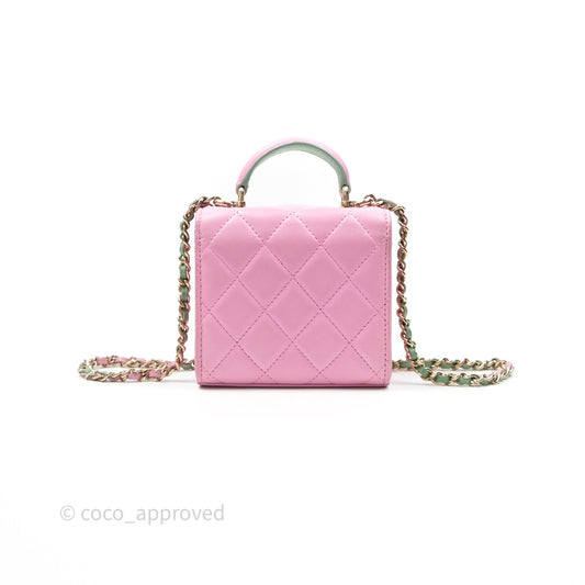 Chanel Mini Handle Clutch With Chain Pink/ Mint Lambskin Gold Hardware 23P
