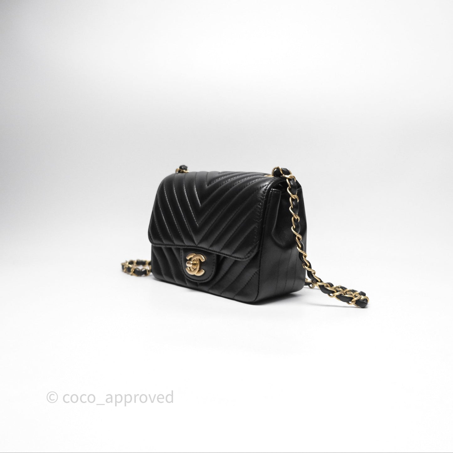 Chanel Mini Square Flap Chevron Black Lambskin Aged Gold Hardware