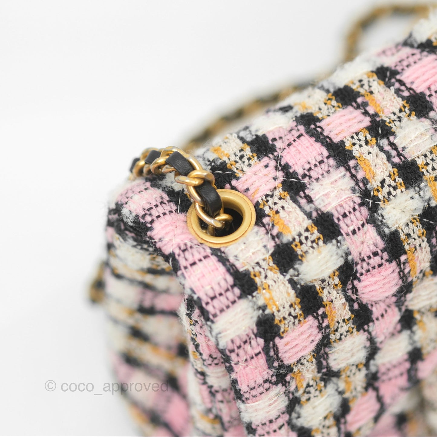 Chanel Pearl Crush Mini Square Quilted Pink Tweed Aged Gold Hardware