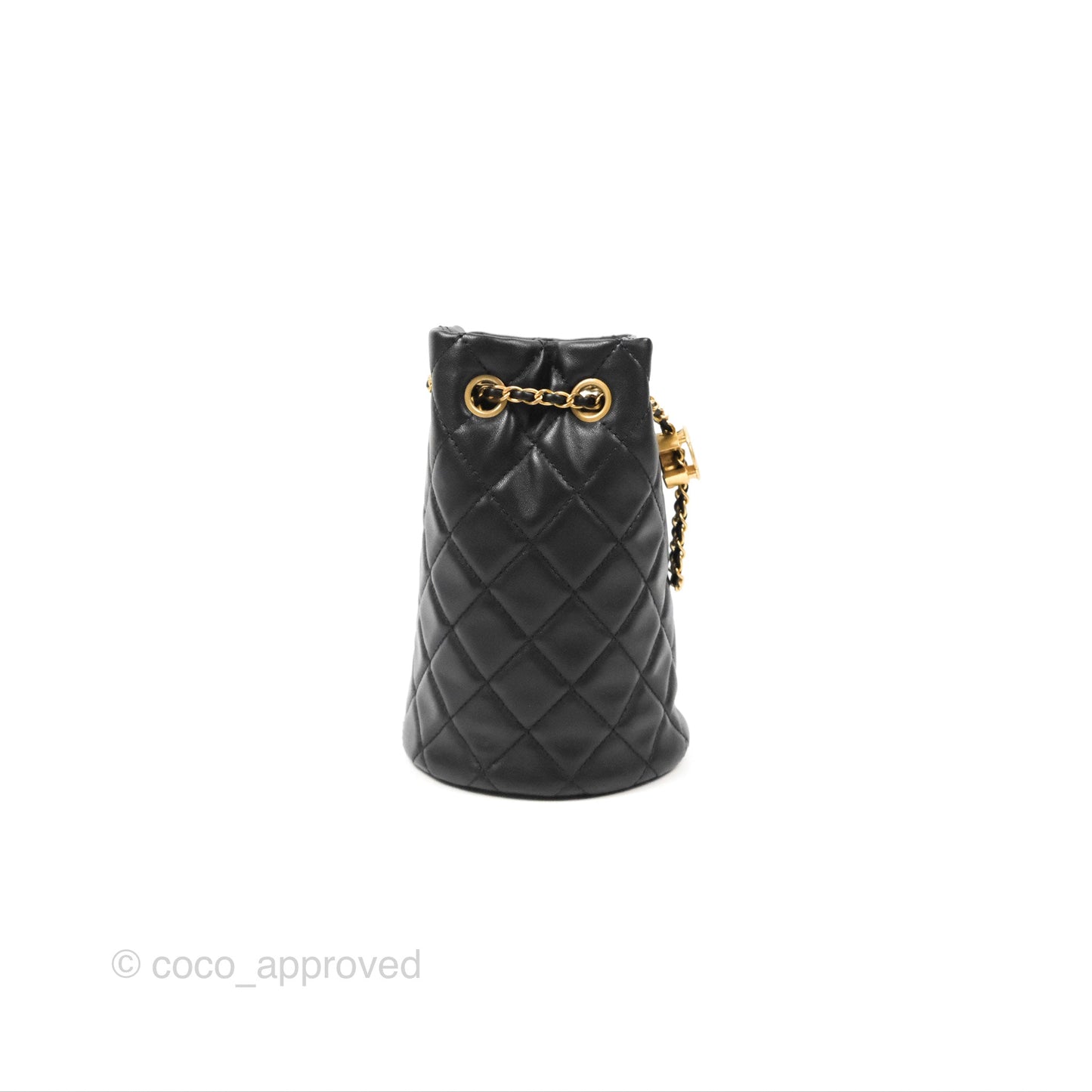Chanel Pearl Crush Bucket Bag Black Lambskin Aged Gold Hardware