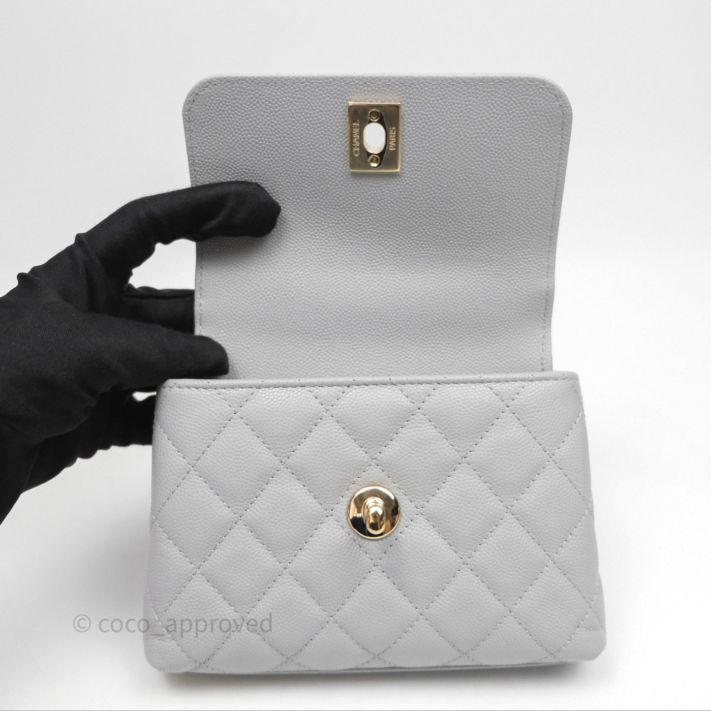 Chanel Coco Handle Clutch with Chain Quilted Light Grey Caviar Gold Hardware