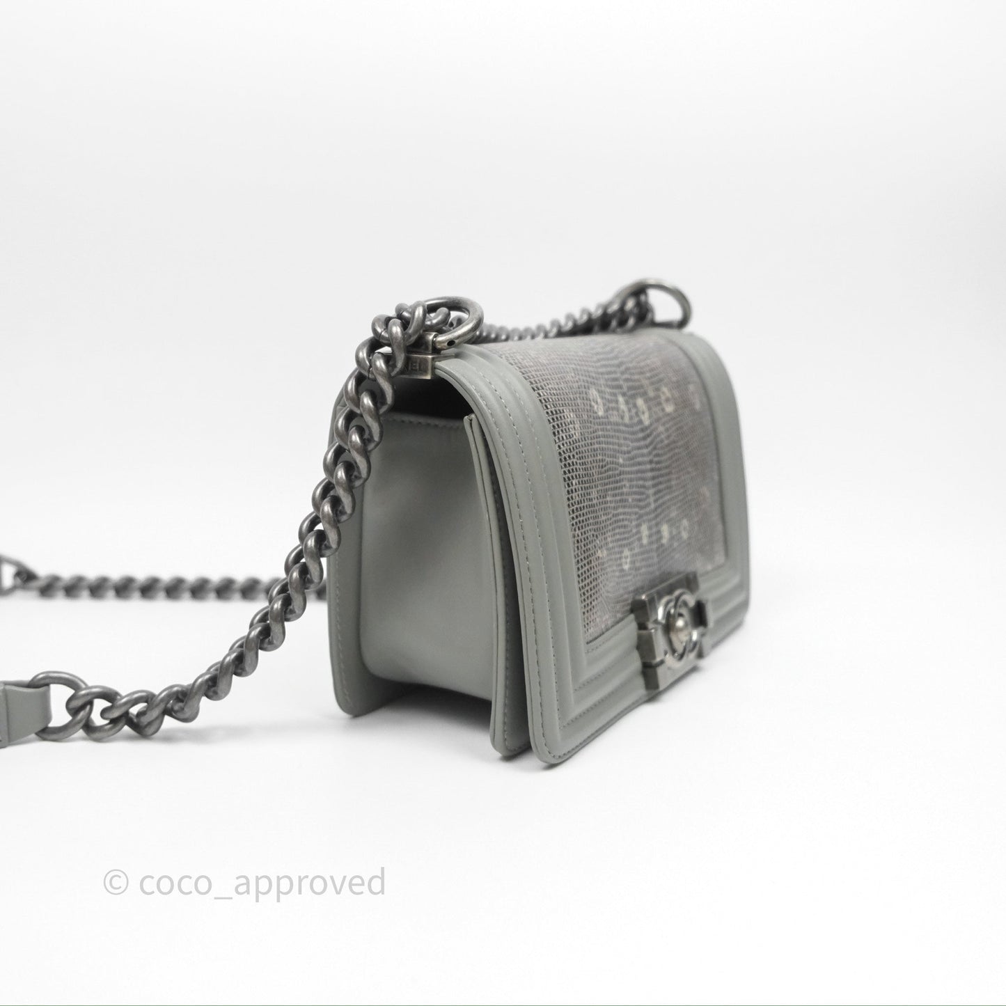 Chanel Small Boy Quilted Bag Grey Lizard Calfskin Ruthenium Hardware