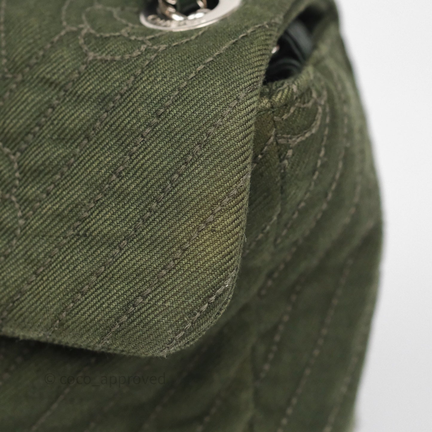 Chanel Camellia Flap Bag Army Green Denim Silver Hardware