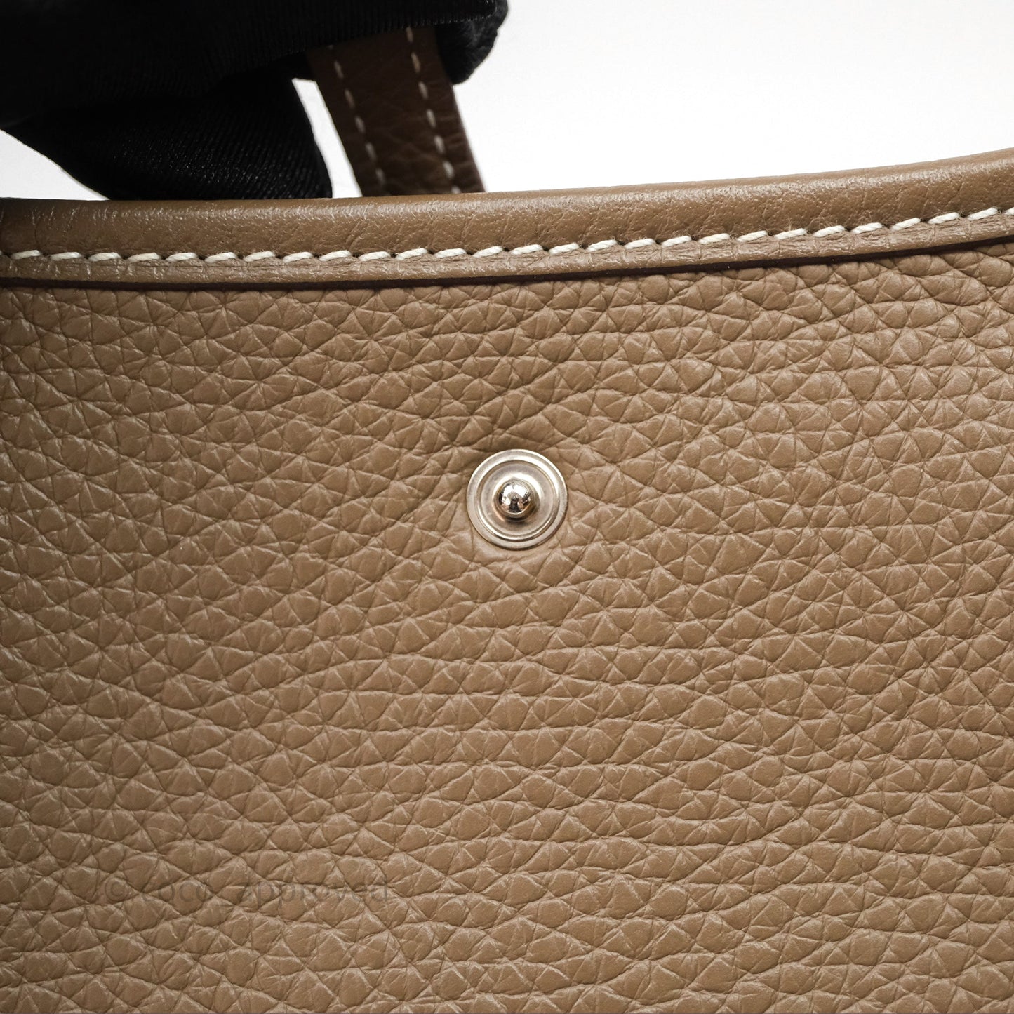 Hermès Mini Evelyne 16 Etoupe 18 Clemence Palladium Hardware with Bleu Indigo Strap