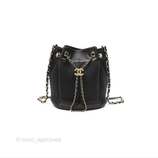 Chanel CC Chain Drawstring Bucket Bag Chevron Black Lambskin Gold Hardware