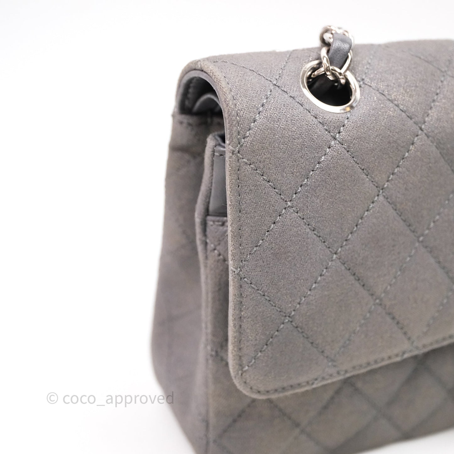 Chanel Classic M/L Medium Flap Quilted Iridescent Metallic Grey Canvas Silver Hardware