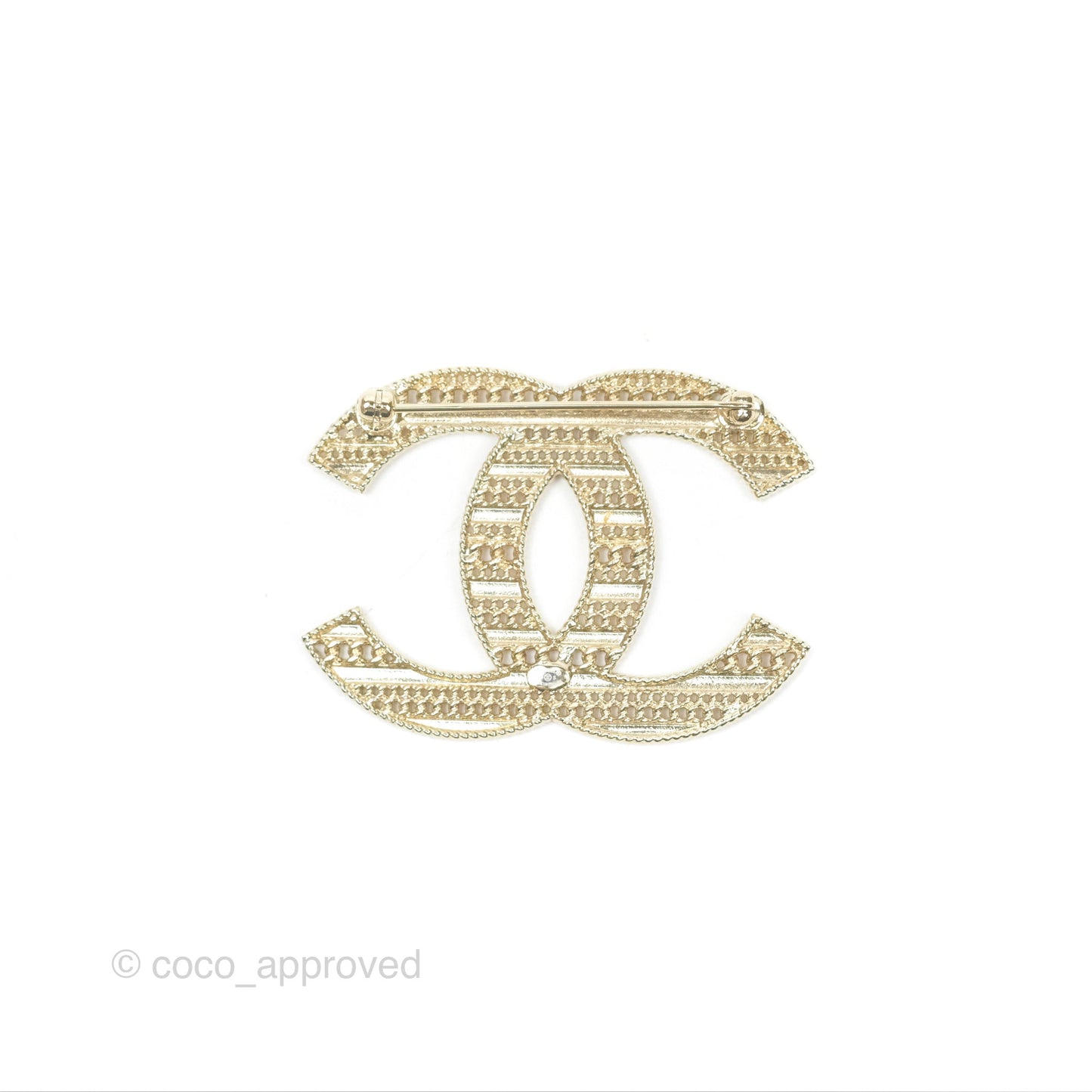Chanel CC Red Striped Chain Brooch Gold Tone 20S