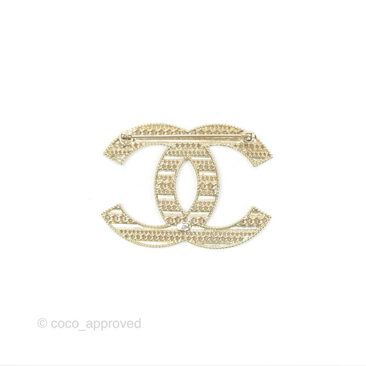 Chanel CC Red Striped Chain Brooch Gold Tone 20S