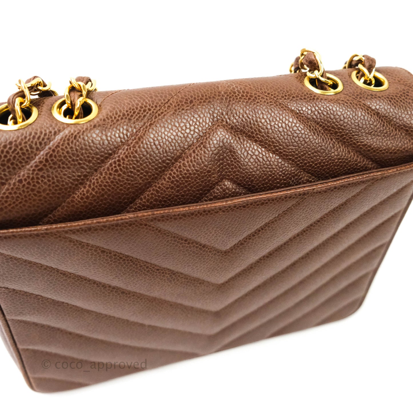 Chanel Vintage Caviar Chevron Flap Bag 24K Brown Gold Hardware