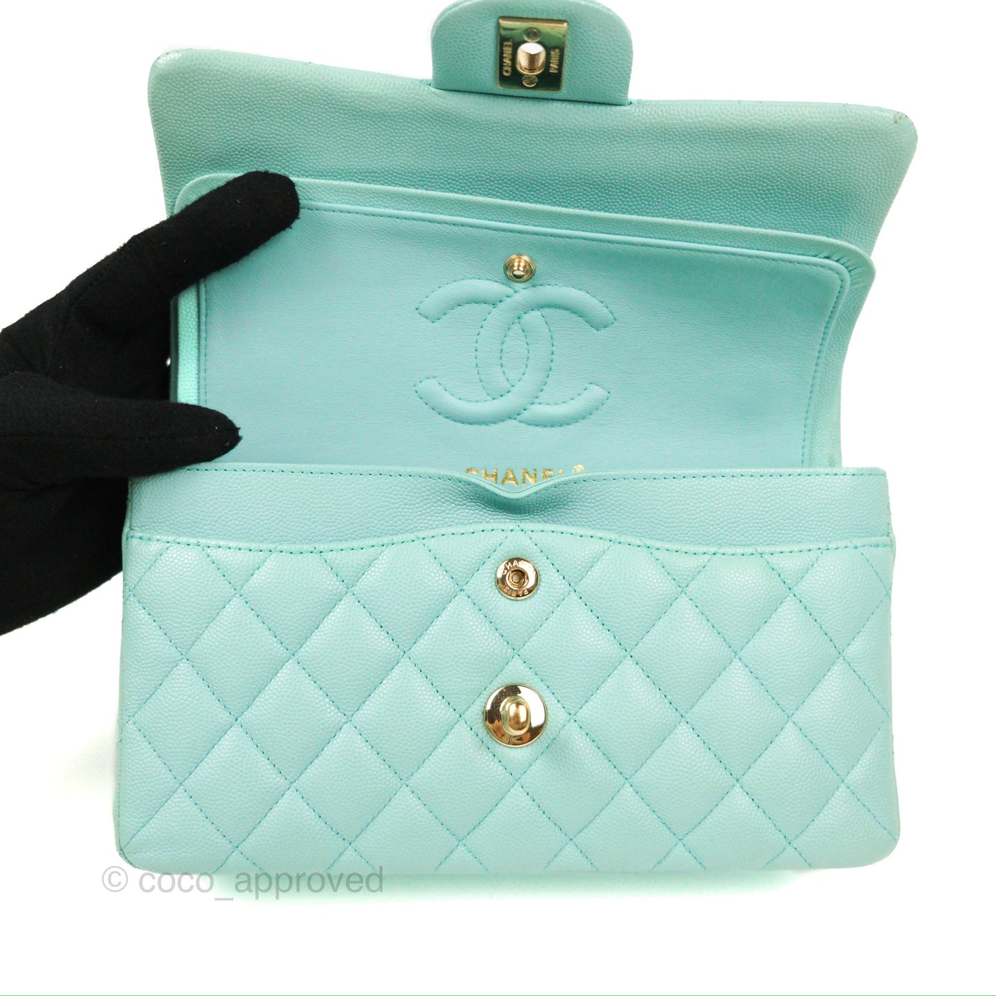 Chanel Small Classic Quilted Flap Tiffany Blue Caviar Gold Hardware 20C