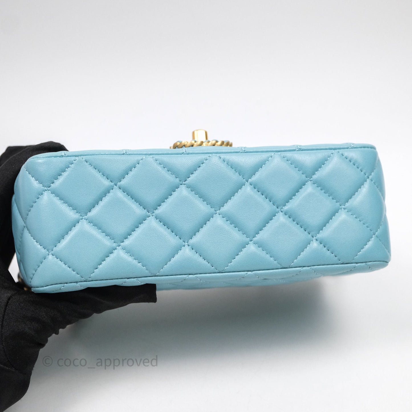 Chanel Flap Bag with Crystal Logo Top Handle Tiffany Blue Lambskin Aged Gold Hardware