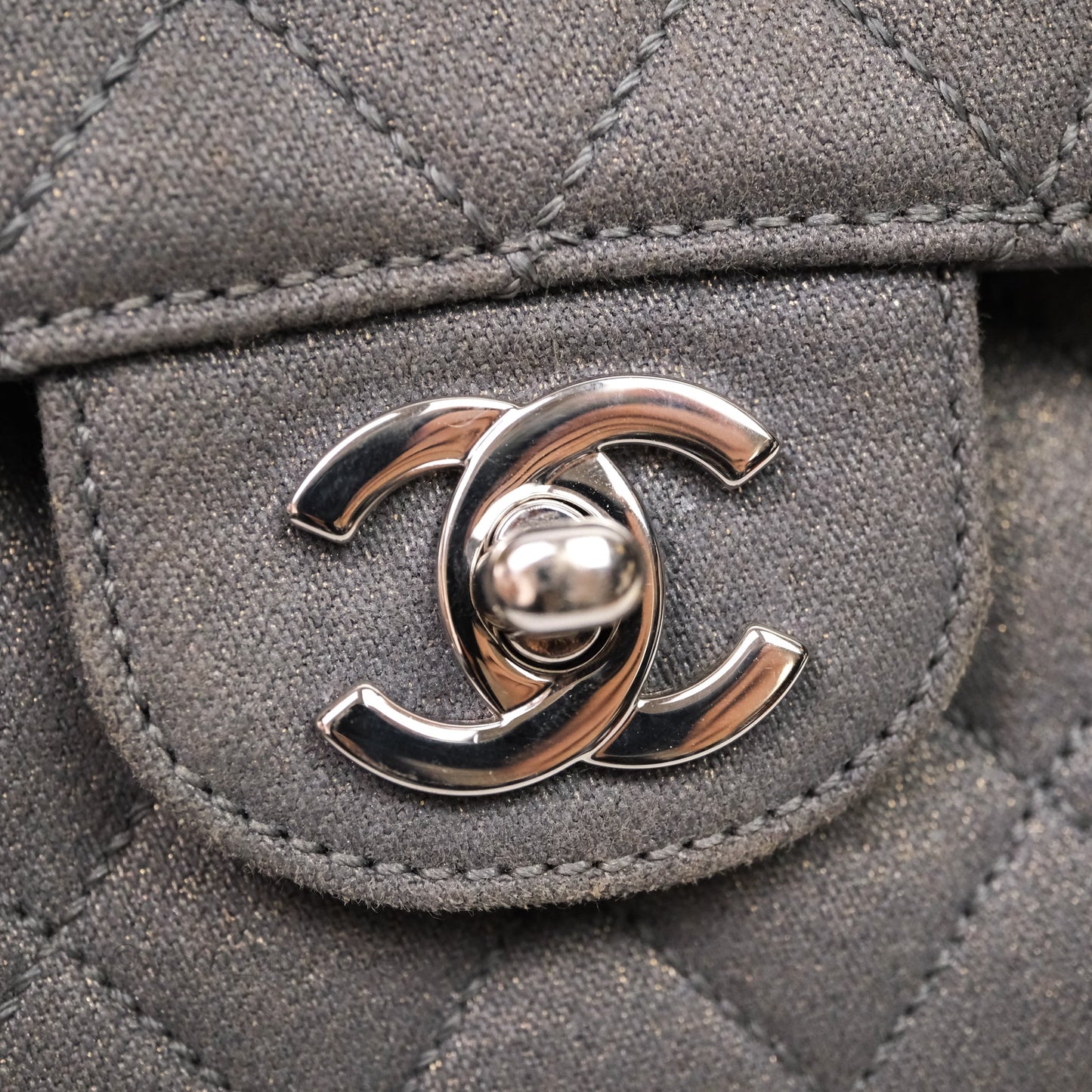 Chanel Classic M/L Medium Flap Quilted Iridescent Metallic Grey Canvas Silver Hardware