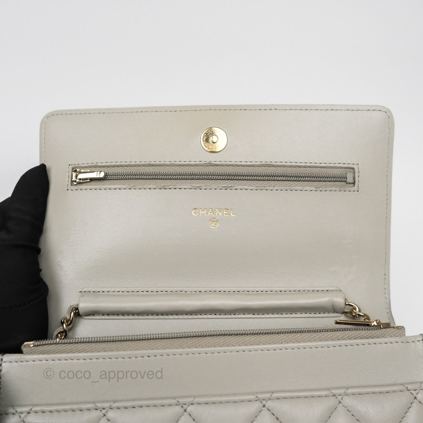 Chanel Classic Quilted Wallet on Chain WOC Light Grey Lambskin Gold Hardware