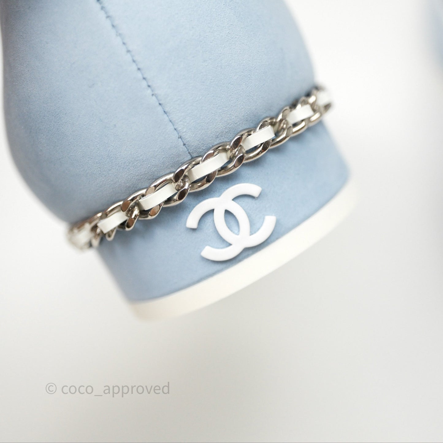 Chanel White Toe Pointed Light Blue Ballerinas With Chain Size 37
