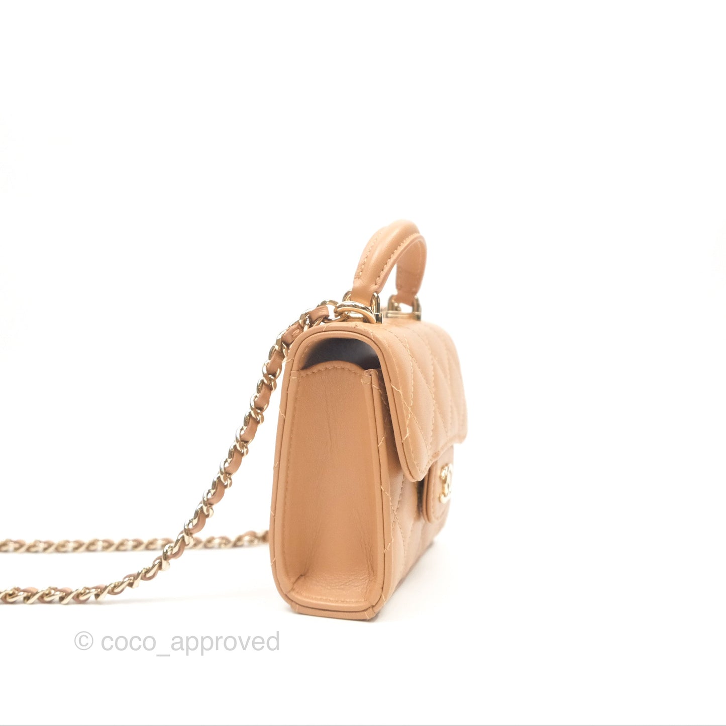Chanel Mini Handle Clutch With Chain Caramel Lambskin Gold Hardware