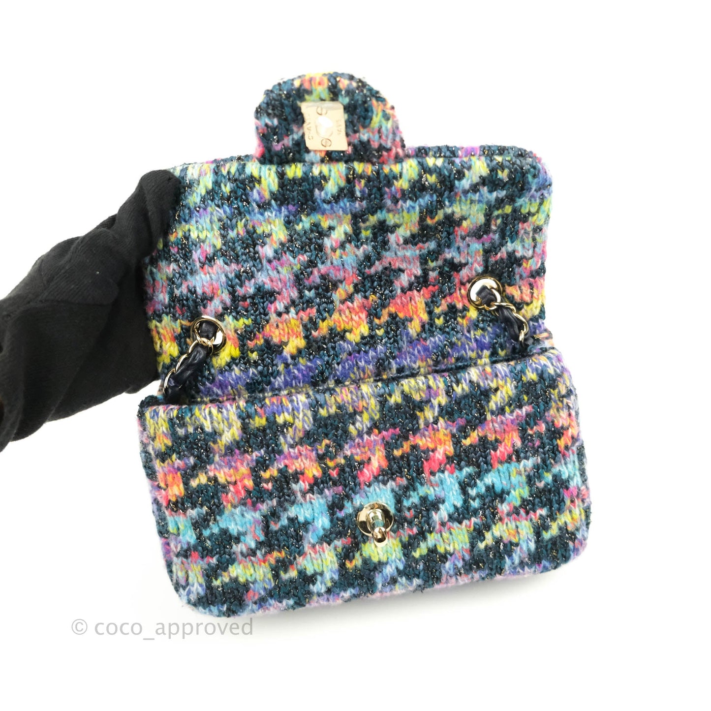 Chanel Mini Rectangular Rainbow Houndstooth Wool Tweed Flap Gold Hardware