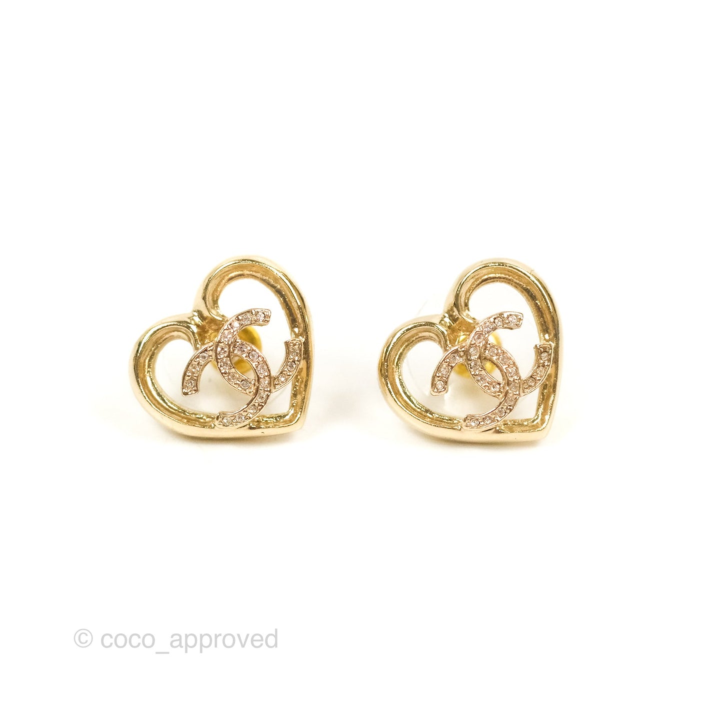 Chanel Crystal CC Heart Earrings Gold Tone 23C