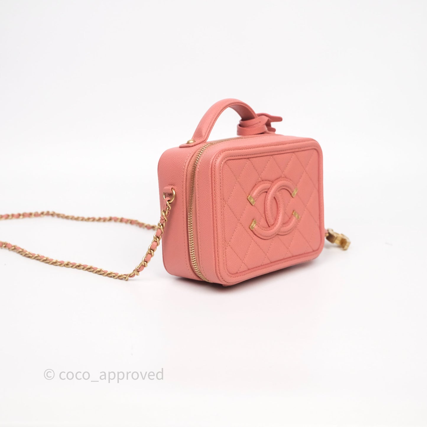 Chanel Quilted Small CC Filigree Vanity Case Pink Caviar Aged Gold Hardware