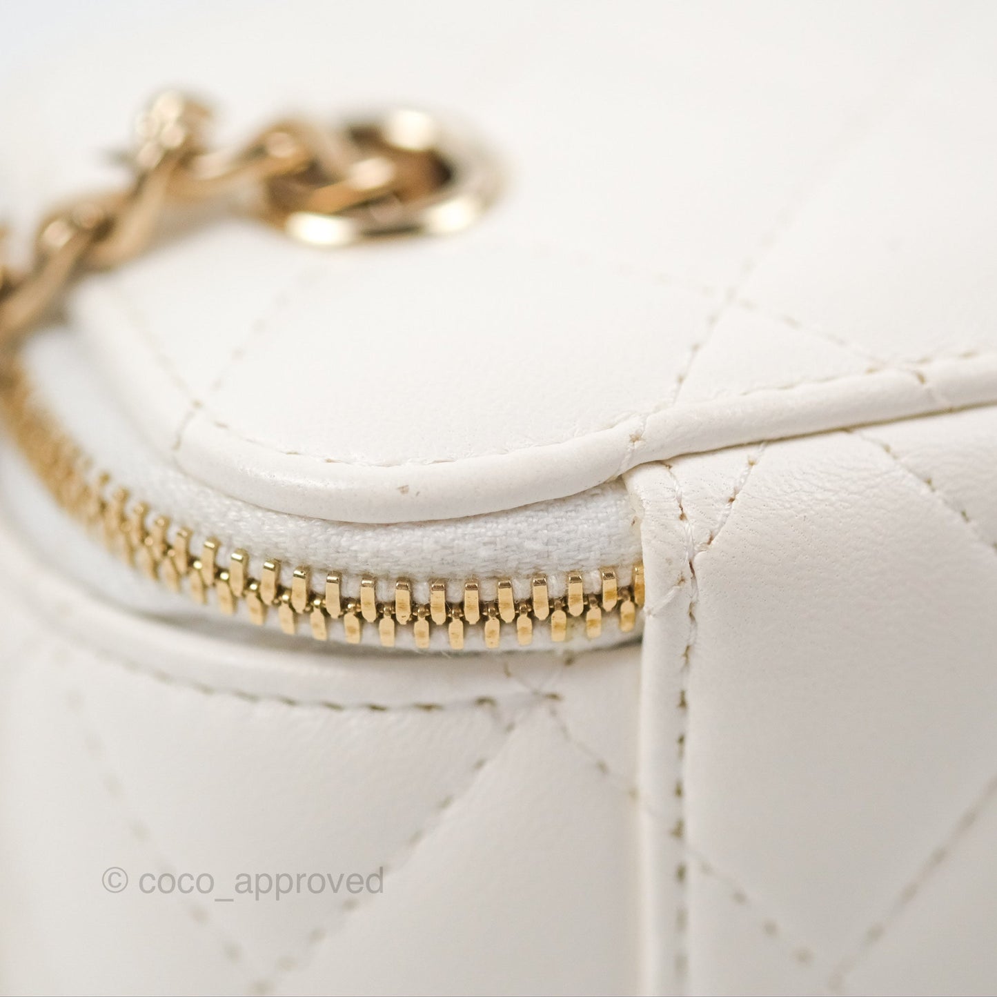 Chanel Camellia White Quilted Lambskin Mini Vanity with Chain Gold Hardware