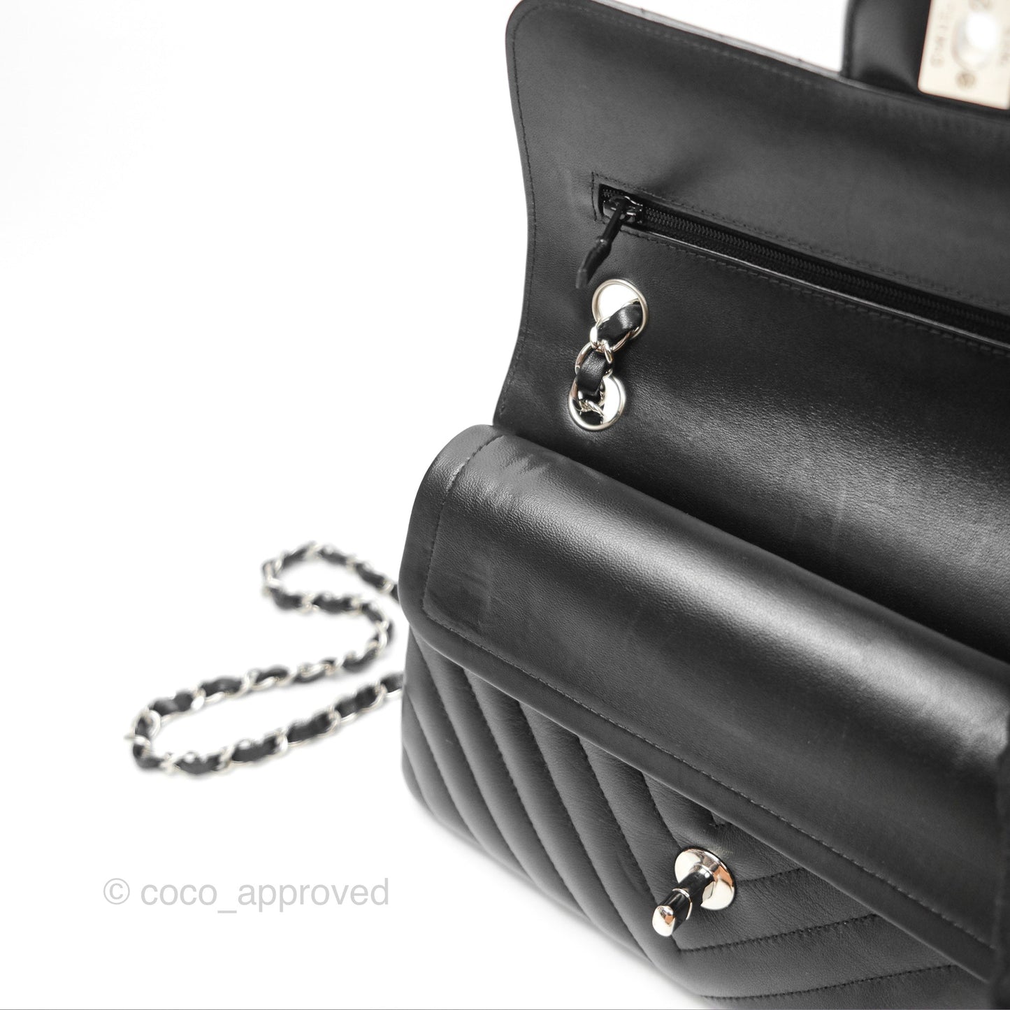 Chanel Small Classic Chevron Flap Black Lambskin Silver Hardware