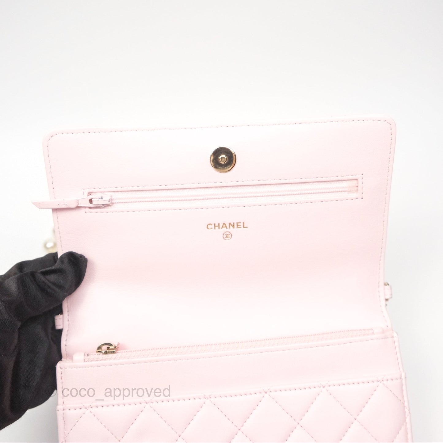 Chanel Wallet On Chain WOC Pearl Chain Iridescent Light Pink Lambskin Gold Hardware