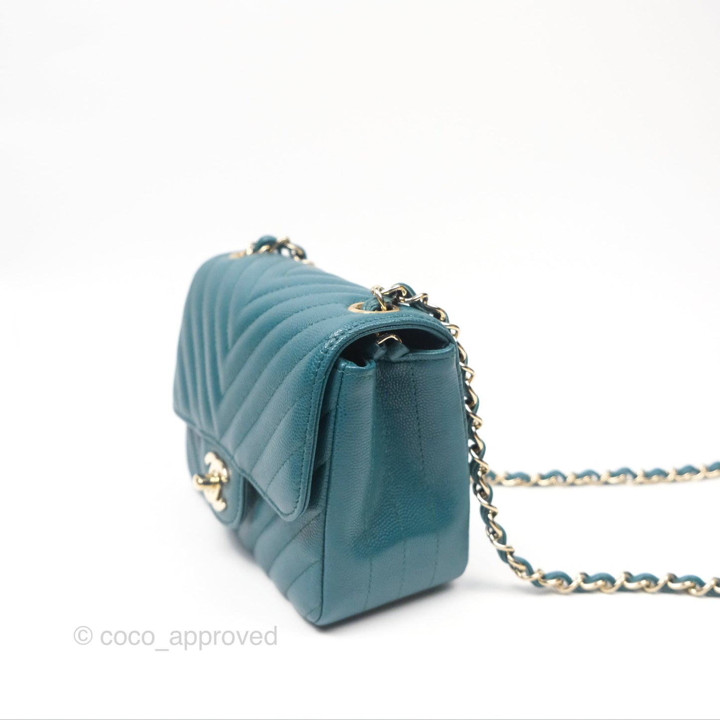 Chanel Mini Square Flap Chevron Teal Caviar Gold Hardware